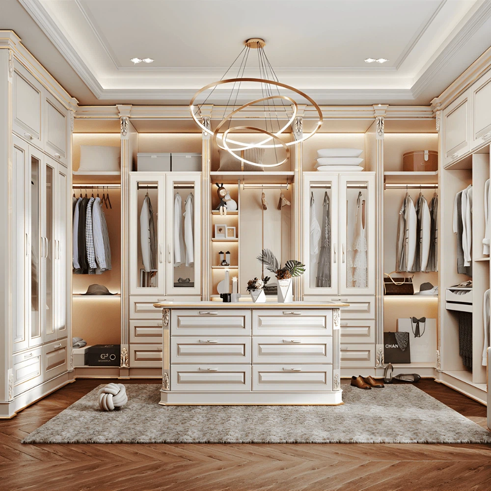 Luxury Custom Walk In Closet with cream and gold finish, glass doors, and central island drawers Luxury Custom Walk In Closet with cream and gold finish, glass doors, and central island drawers