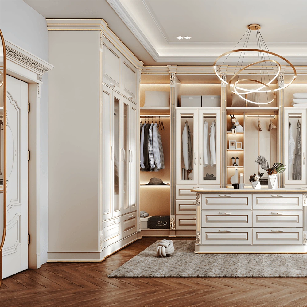 Elegant custom walk in closet design with soft lighting and classic panel details Elegant custom walk in closet design with soft lighting and classic panel details