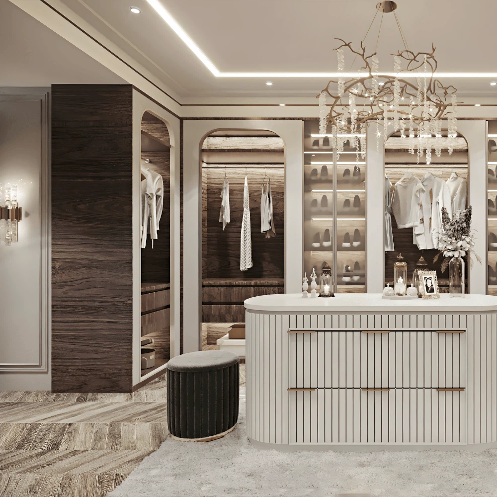 Luxury modern walk in wardrobe with beige wood finish Luxury modern walk in wardrobe with beige wood finish