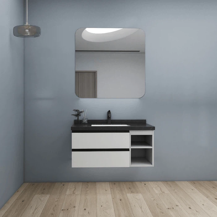 Modern wall mounted vanity unit in matte white finish with black basin and large square Modern wall mounted vanity unit in matte white finish with black basin and large square