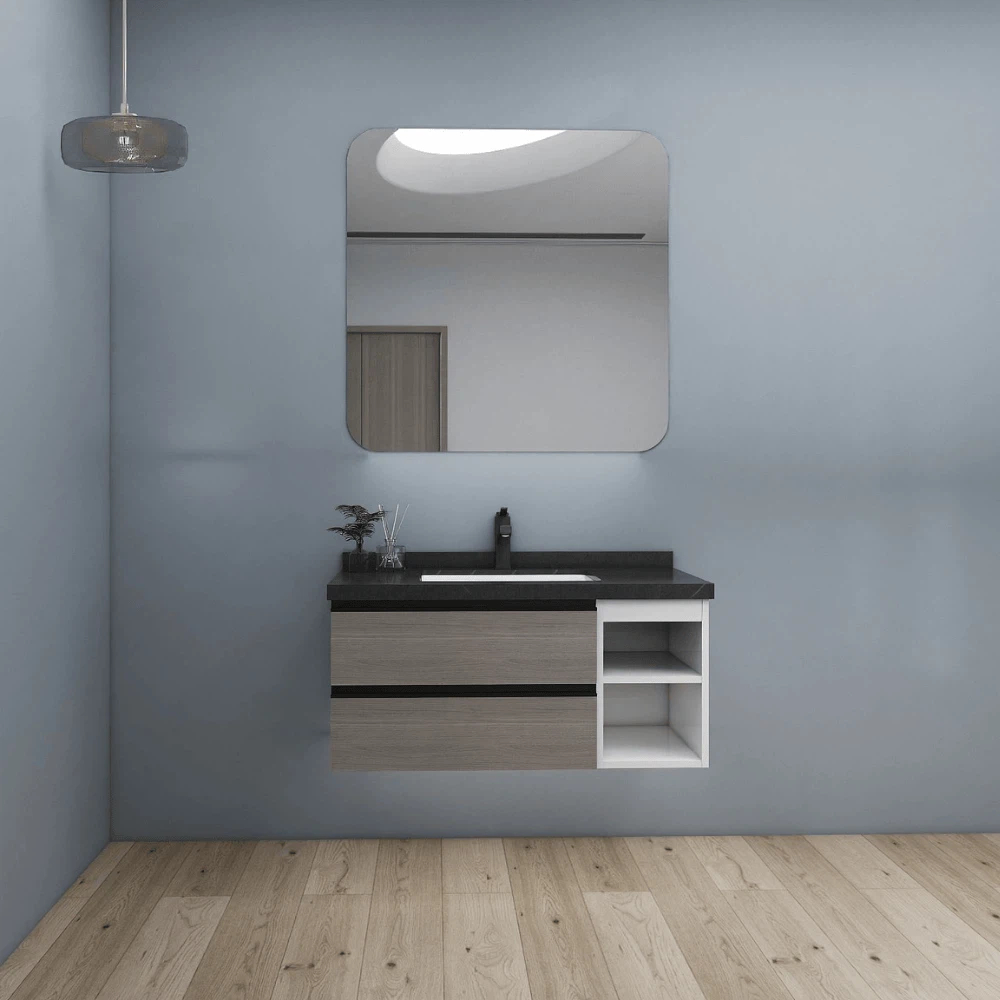 Compact floating bathroom vanity with grey wood texture drawers and open white shelving. Compact floating bathroom vanity with grey wood texture drawers and open white shelving.
