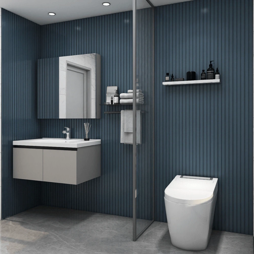 Contemporary floating vanity unit with ceramic basin and blue wall panels, sleek bathroom layout with mirror cabinet. Contemporary floating vanity unit with ceramic basin and blue wall panels, sleek bathroom layout with mirror cabinet.